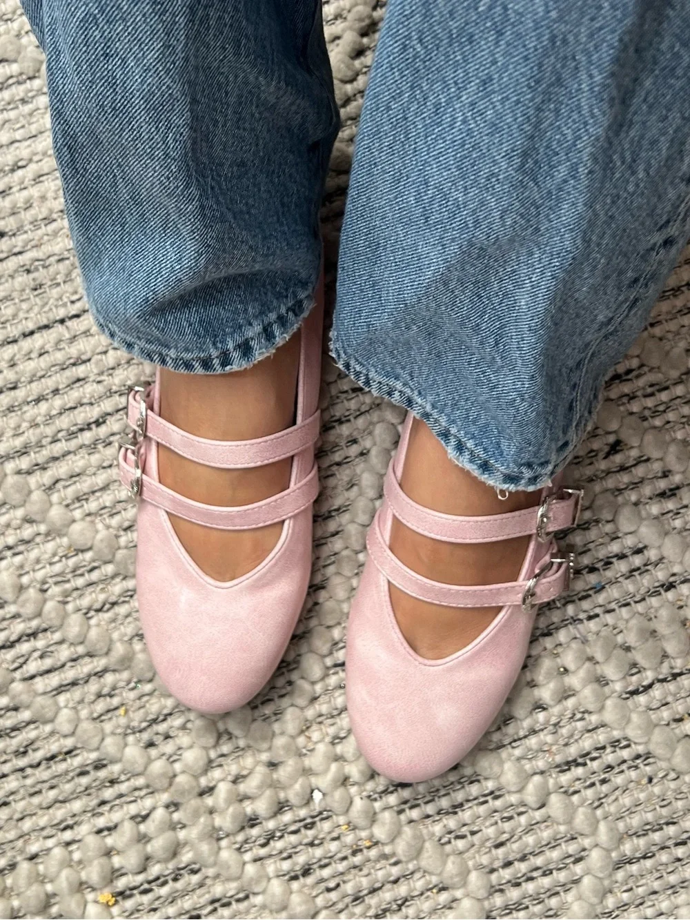 Dusty Rose Pink Women’s Brown Western Double-Buckle Faux Leather Mary Jane Flats